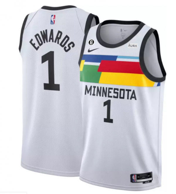 Men Minnesota Timberwolves #1 Anthony Edwards White 2022/23 City Edition With NO.6 Patch Stitched Jersey