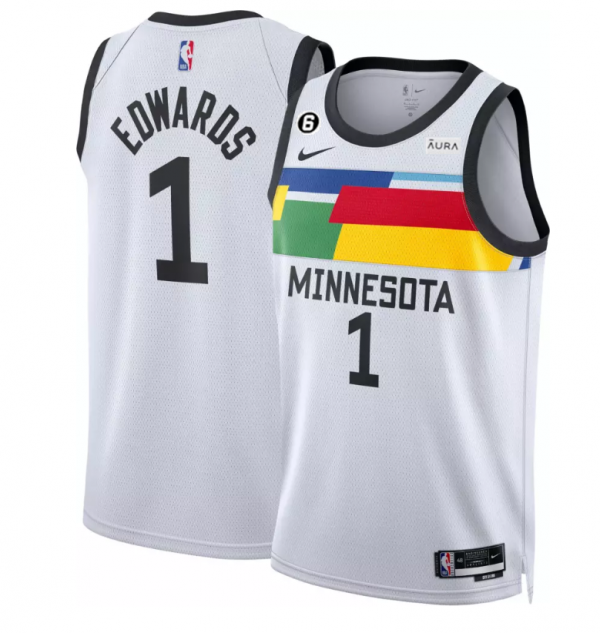 Men Minnesota Timberwolves #1 Anthony Edwards White 2022/23 City Edition With NO.6 Patch Swingman Stitched Jersey