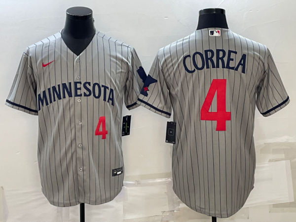 Men Minnesota Twins #4 Carlos Correa 2023 Grey Home Team Cool Base Stitched Jersey