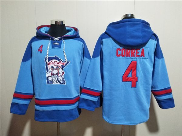 Men Minnesota Twins #4 Carlos Correa Blue Ageless Must-Have Lace-Up Pullover Hoodie