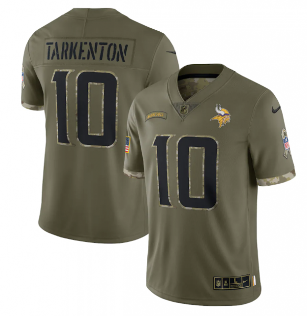 Men Minnesota Vikings #10 Fran Tarkenton Olive 2022 Salute To Service Limited Stitched Jersey