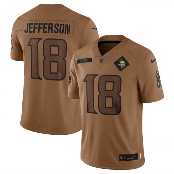Men Minnesota Vikings #18 Justin Jefferson 2023 Brown Salute To Service Limited Football Jersey