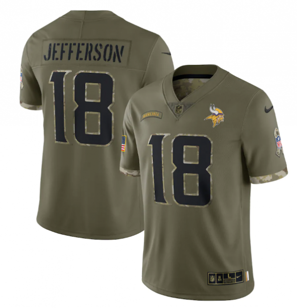 Men Minnesota Vikings #18 Justin Jefferson Olive 2022 Salute To Service Limited Stitched Jersey