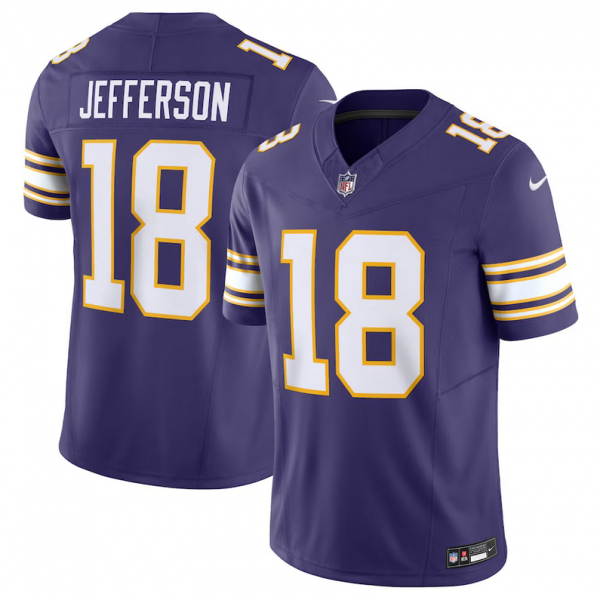 Men Minnesota Vikings #18 Justin Jefferson Purple 2023 F.U.S.E. Vapor Untouchable Limited Stitched Jersey