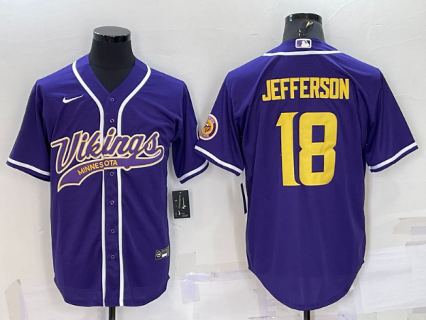 Men Minnesota Vikings #18 Justin Jefferson Purple Gold With Patch Cool Base Stitched Baseball Jersey