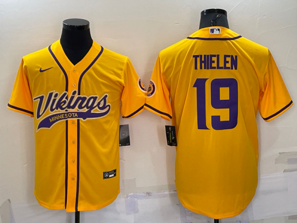 Men Minnesota Vikings #19 Adam Thielen Gold With Patch Cool Base Stitched Baseball Jersey
