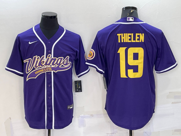 Men Minnesota Vikings #19 Adam Thielen Purple Gold With Patch Cool Base Stitched Baseball Jersey