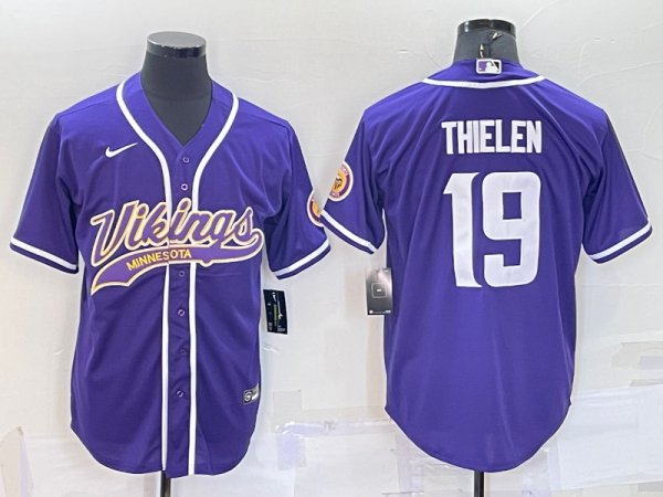 Men Minnesota Vikings #19 Adam Thielen Purple With Patch Cool Base Stitched Baseball Jersey