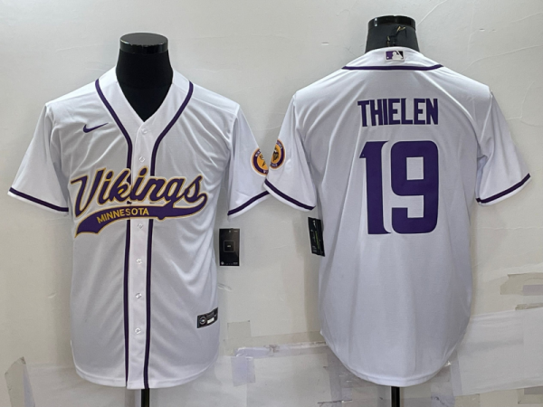 Men Minnesota Vikings #19 Adam Thielen White With Patch Cool Base Stitched Baseball Jersey