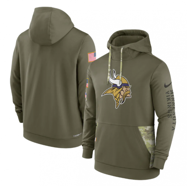 Men Minnesota Vikings 2022 Olive Salute to Service Therma Performance Pullover Hoodie