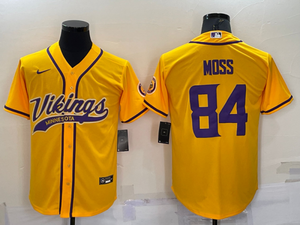 Men Minnesota Vikings #84 Randy Moss Gold With Patch Cool Base Stitched Baseball Jersey