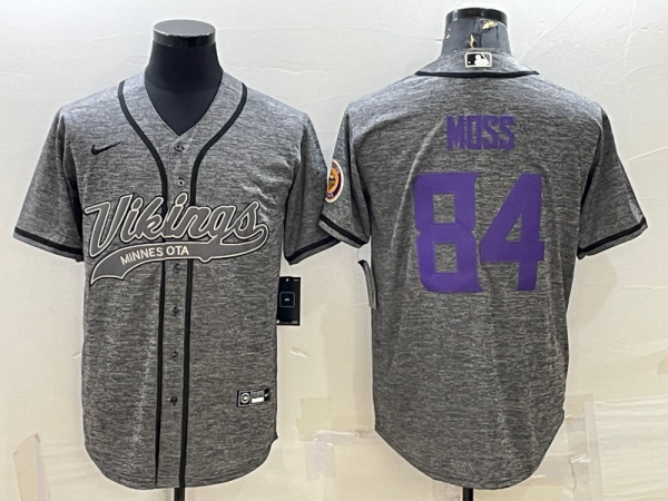 Men Minnesota Vikings #84 Randy Moss Grey With Patch Cool Base Stitched Baseball Jersey