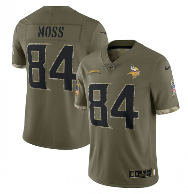 Men Minnesota Vikings #84 Randy Moss Olive 2022 Salute To Service Limited Stitched Jersey