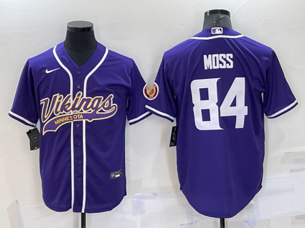 Men Minnesota Vikings #84 Randy Moss Purple With Patch Cool Base Stitched Baseball Jersey