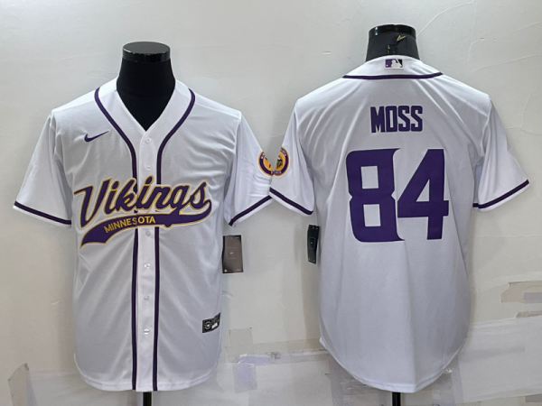 Men Minnesota Vikings #84 Randy Moss White With Patch Cool Base Stitched Baseball Jersey