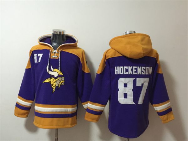 Men Minnesota Vikings #87 T.J. Hockenson Purple/Yellow Ageless Must-Have Lace-Up Pullover Hoodie