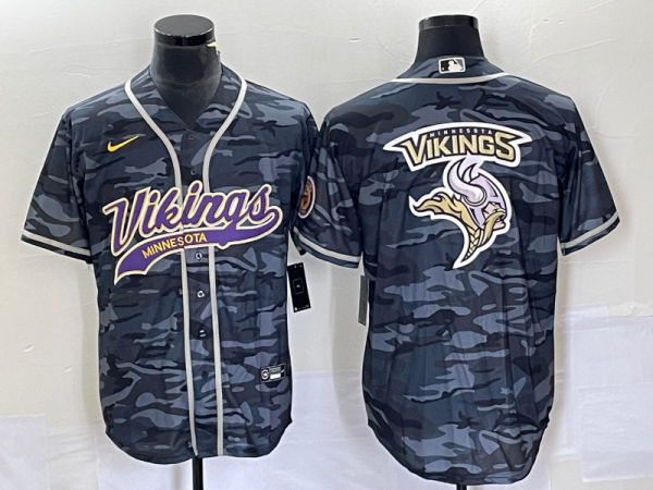 Men Minnesota Vikings Grey Camo Team Big Logo Cool Base Stitched Baseball Jersey