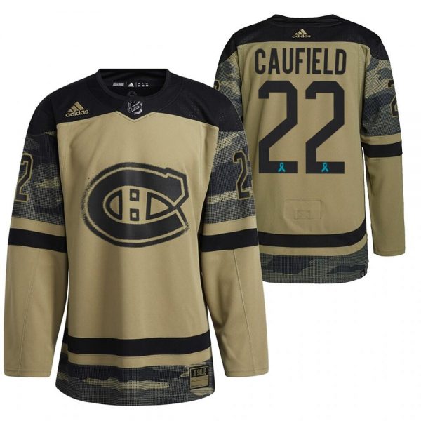 Men Montreal Canadiens #22 Cole Caufield Olive Salute To Service Stitched Jersey