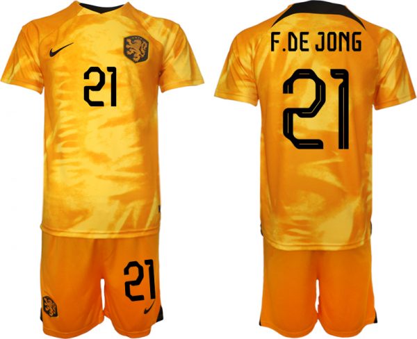 Men Netherlands #21 F. De Jong Orange Home Soccer Jersey Suit