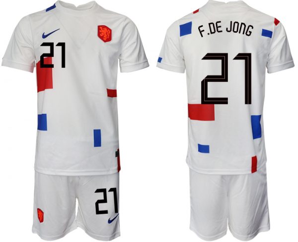 Men Netherlands #21 F. De Jong White Away Soccer Jersey Suit