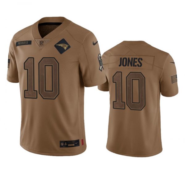 Men New England Patriots #10 Mac Jones 2023 Brown Salute To Service Limited Stitched Football Jersey