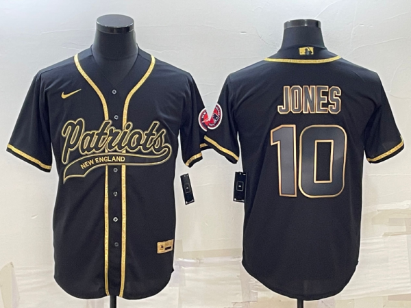 Men New England Patriots #10 Mac Jones Black Gold With Patch Cool Base Stitched Baseball Jersey