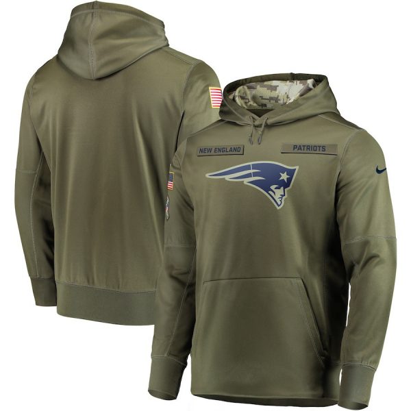 Men New England Patriots 2018 Olive Salute to Service Sideline Therma Performance Pullover Stitched NFL Hoodie