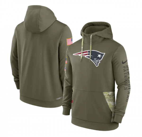Men New England Patriots 2022 Olive Salute to Service Therma Performance Pullover Hoodie