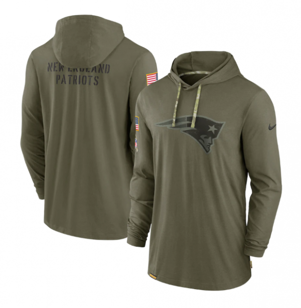 Men New England Patriots 2022 Olive Salute to Service Tonal Pullover Hoodie