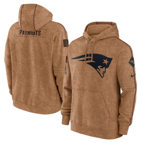 Men New England Patriots 2023 Brown Salute to Service Pullover Hoodie