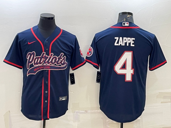 Men New England Patriots #4 Bailey Zappe Navy With Path Cool Base Stitched Baseball Jersey