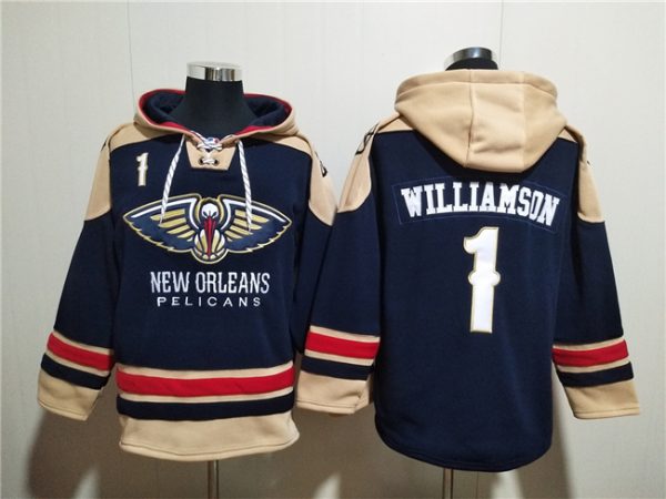 Men New Orleans Pelicans #1 Zion Williamson Navy Ageless Must-Have Lace-Up Pullover Hoodie