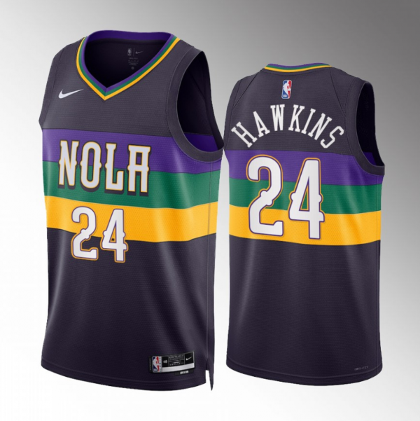 Men New Orleans Pelicans #24 Jordan Hawkins Purple 2023 Draft City Edition Stitched Basketball Jersey