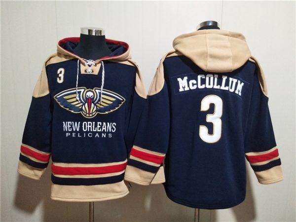 Men New Orleans Pelicans #3 CJ McCollum Navy Ageless Must-Have Lace-Up Pullover Hoodie