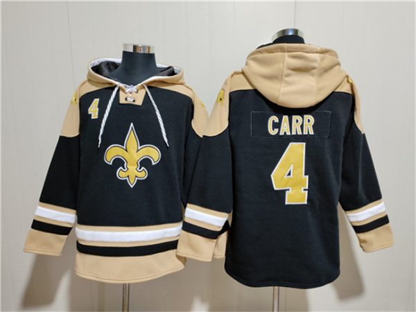 Men New Orleans Saints #4 Derek Carr Black Ageless Must-Have Lace-Up Pullover Hoodie
