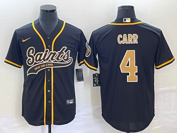 Men New Orleans Saints #4 Derek Carr Black With Patch Cool Base Stitched Baseball Jersey