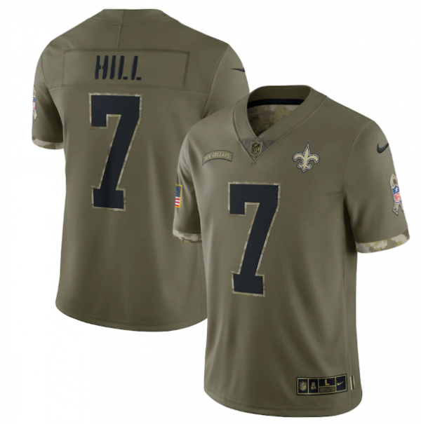 Men New Orleans Saints #7 Taysom Hill Olive 2022 Salute To Service Limited Stitched Jersey