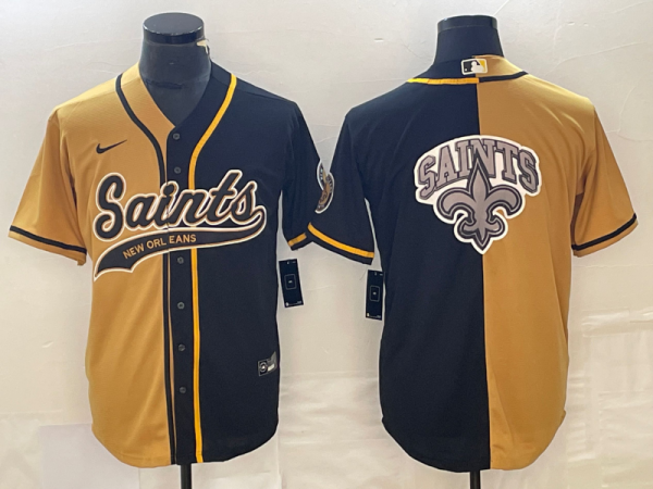 Men New Orleans Saints Black Gold Split Team Big Logo Cool Base Stitched Baseball Jersey