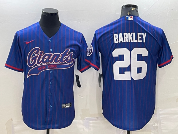 Men New York Giants #26 Saquon Barkley Blue With Patch Cool Base Stitched Baseball Jersey