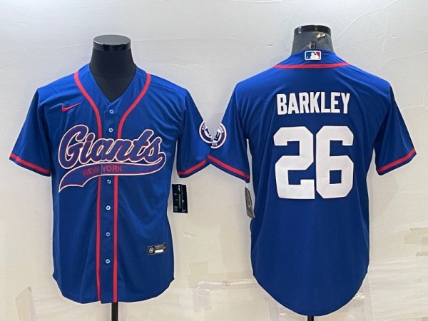 Men New York Giants #26 Saquon Barkley Blue With Patch Cool Base Stitched Baseball Jersey