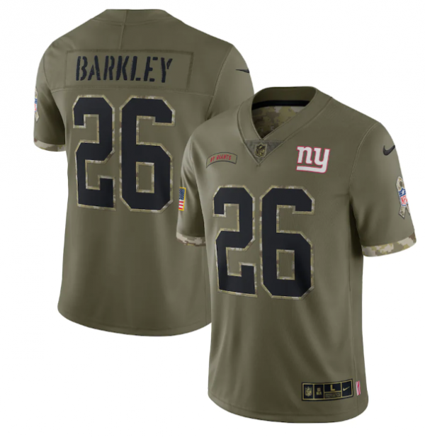 Men New York Giants #26 Saquon Barkley Olive 2022 Salute To Service Limited Stitched Jersey
