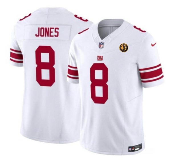 Men New York Giants #8 Daniel Jones White 2023 F.U.S.E. With John Madden Patch Vapor Limited Stitched Football Jersey