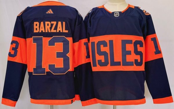 Men New York Islanders #13 Mathew Barzal Navy 2024 With Stadium Series Patch Stitched Jersey