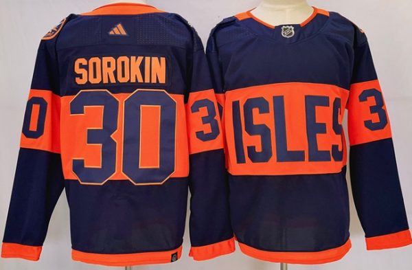 Men New York Islanders #30 Ilya Sorokin Navy 2024 With Stadium Series Patch Stitched Jersey