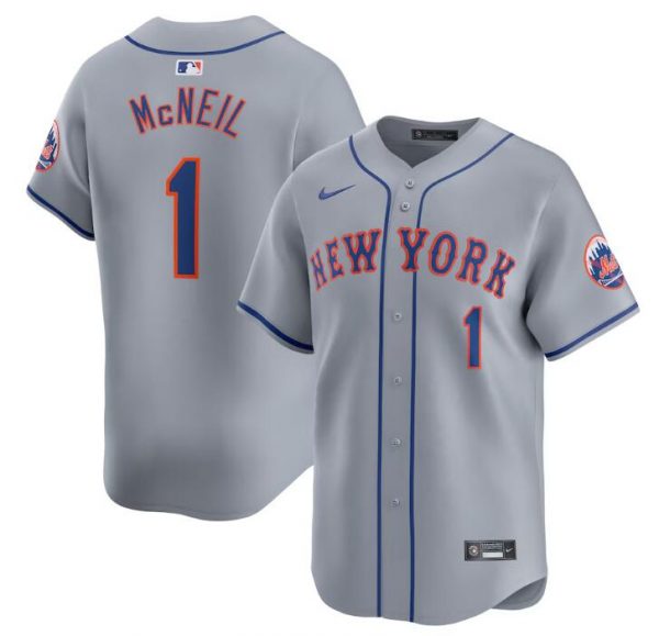 Men New York Mets #1 Jeff McNeil Grey 2024 Away Limited Stitched Baseball Jersey