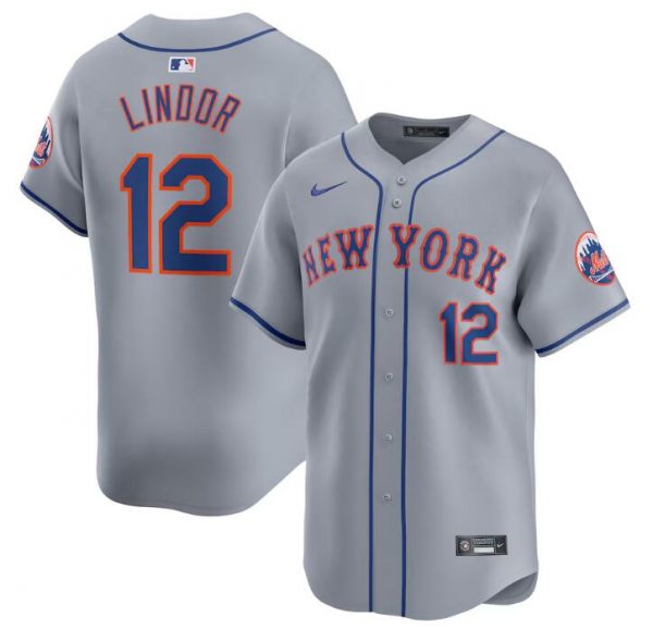 Men New York Mets #12 Francisco Lindor Grey 2024 Away Limited Stitched Baseball Jersey