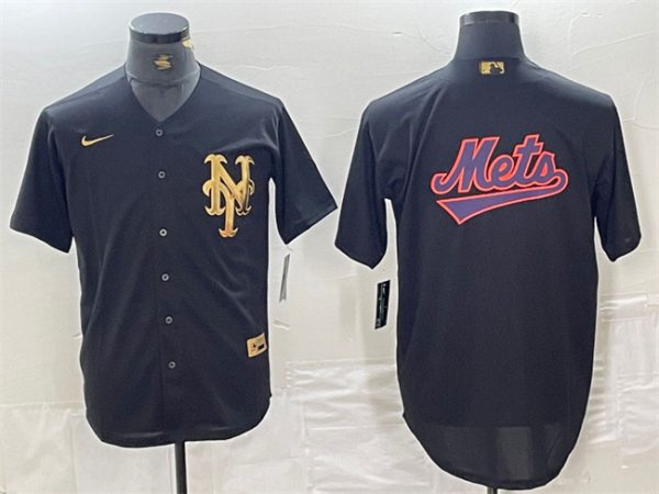 Men New York Mets Black Team Big Logo Cool Base Stitched Baseball Jersey