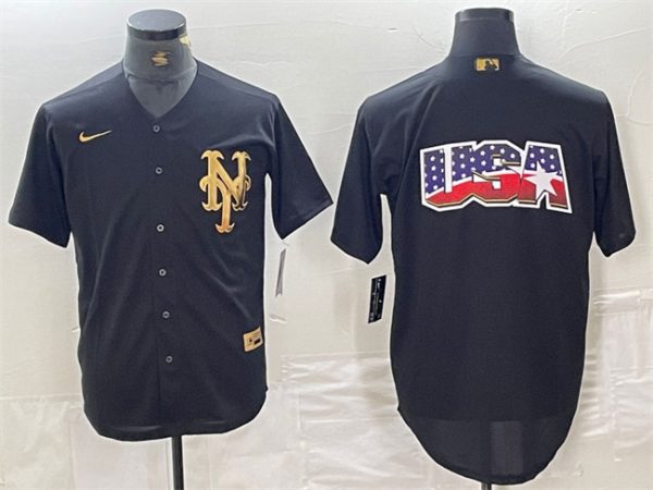 Men New York Mets Black Team Big Logo Cool Base Stitched Baseball Jersey