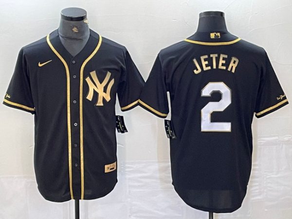 Men New York Yankees #2 Derek Jeter Black Gold Cool Base Stitched Baseball Jersey