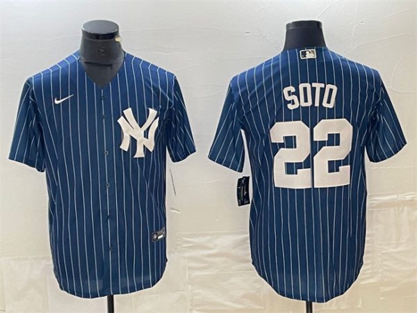 Men New York Yankees #22 Juan Soto Navy Cool Base Stitched Baseball Jersey